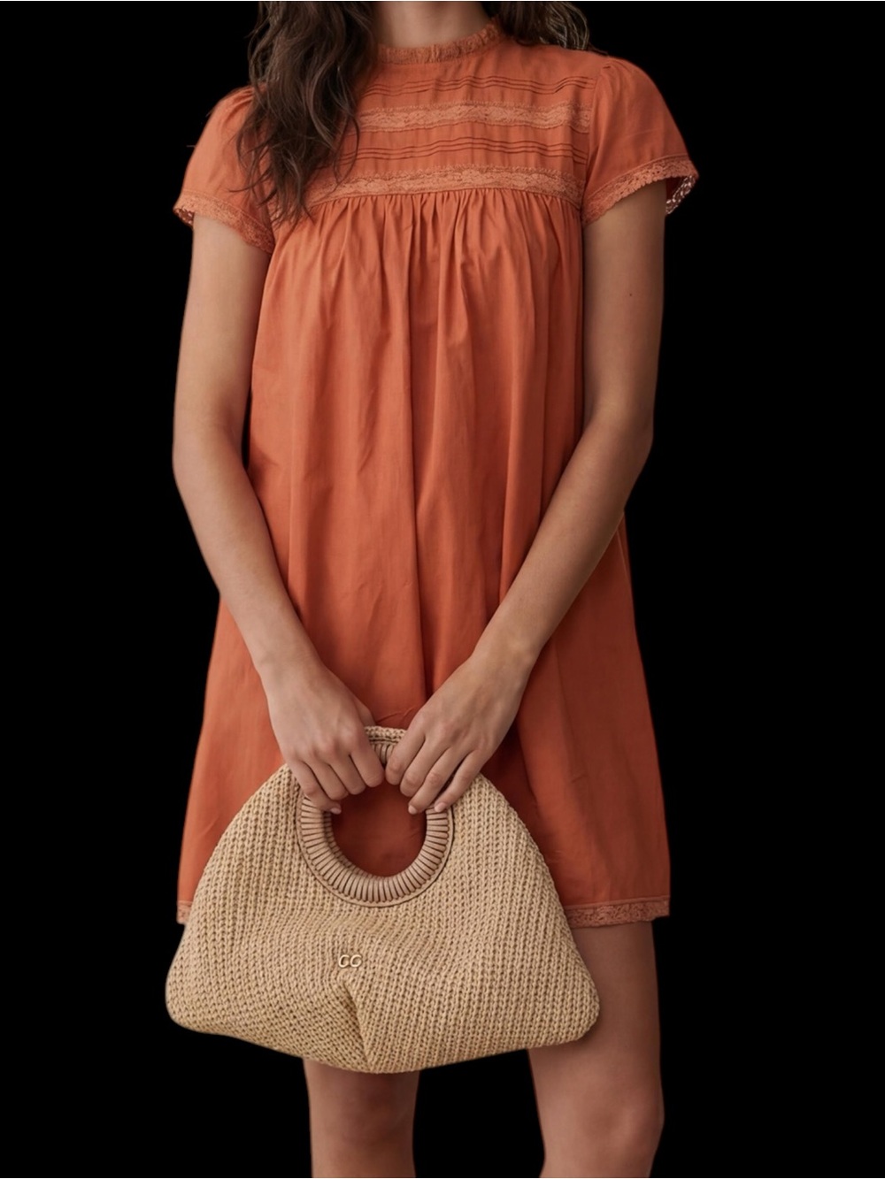 Few Moda Sorella Kiera Cotton Dress Rust Orange Mini Lace Trim NWT